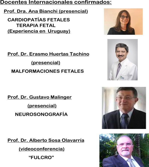 Docentes Internacionales confirmados: Prof. Dra. Ana Bianchi (presencial) C ARDIOPATAS FETALES TERAPIA FETAL (Experiencia en Uruguay) Prof. Dr. Erasmo Huertas Tachino (presencial) MALFORMACIONES FETALES  Prof. Dr. Gustavo  M alinger (presencial) N EUROSONOGRAFA Prof. Dr. Alberto Sosa Olavarra  (videoconferencia) FULCRO